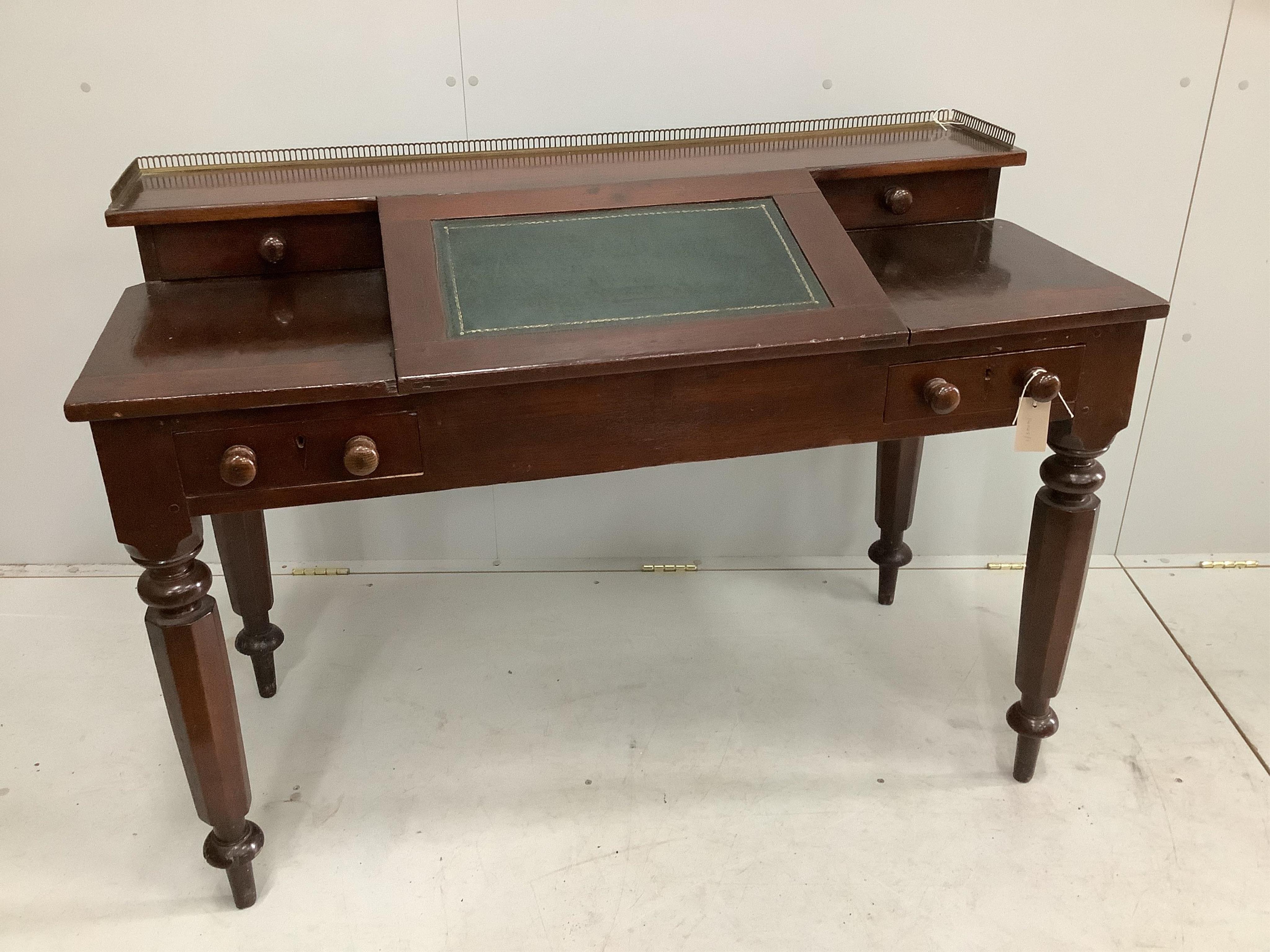A Victorian mahogany writing desk, width 120cm, depth 56cm, height 87cm